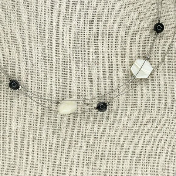 Silver Tone Triple Strand Wire Mother of Pearl Shell Beaded Necklace - Picture 5 of 5